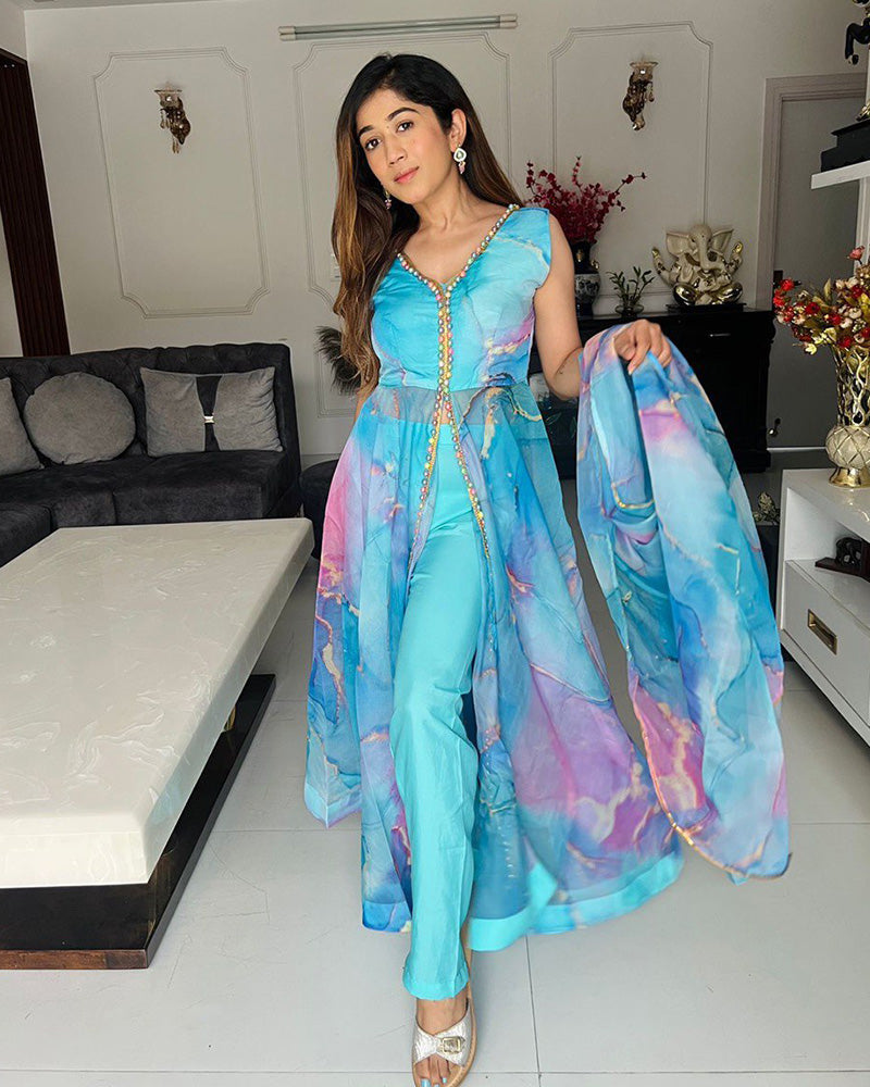 Sky blue Color Amazing Print Organza Anarkali Suit With Pent & Dupatta