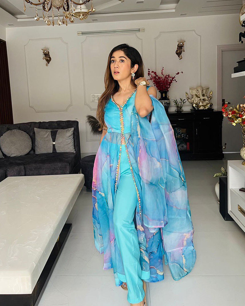 Sky blue Color Amazing Print Organza Anarkali Suit With Pent & Dupatta