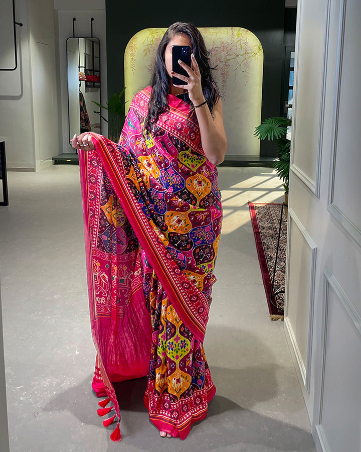 Lagdi Patta Multi Color Pure Gaji Silk Patola Printed Saree