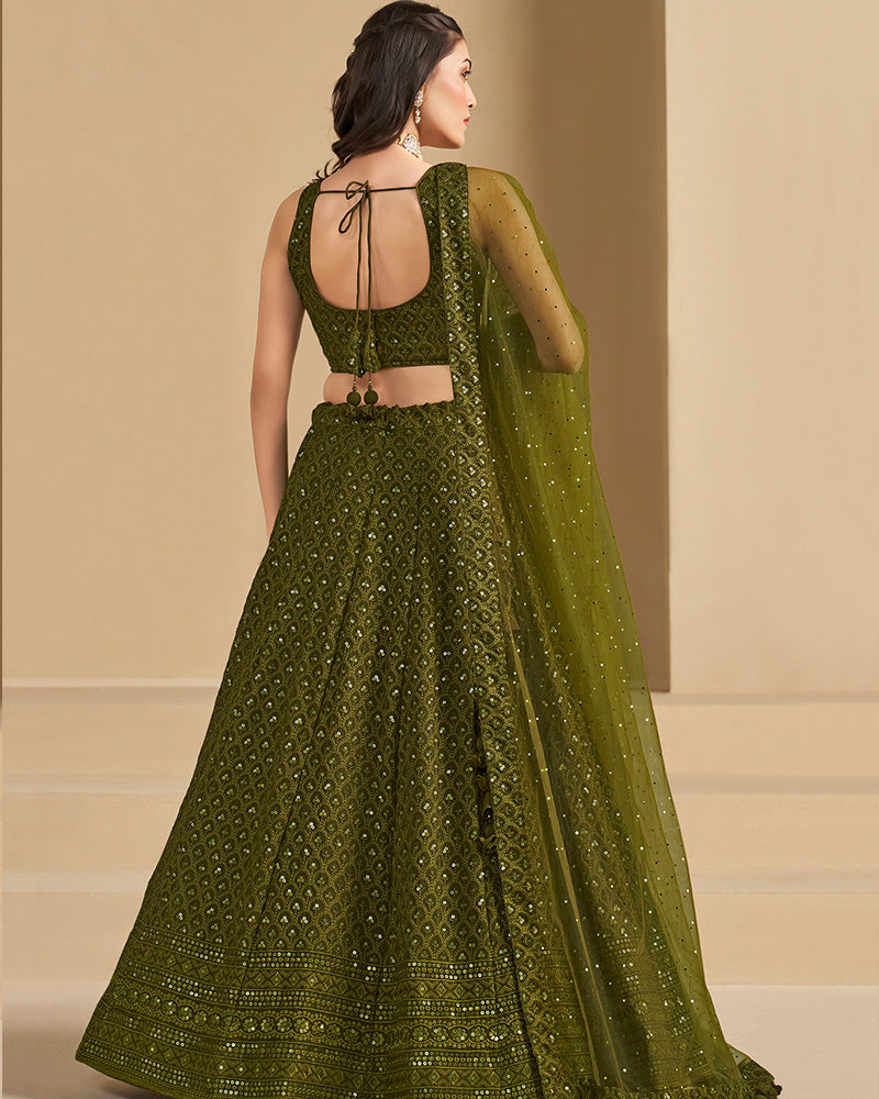 Mehndi Color Georgette Embroidered Lehenga Choli With Dupatta