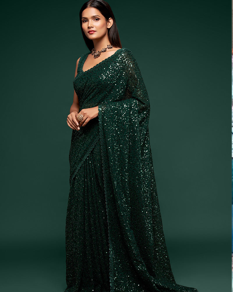 Designer Deep Green Color Multiple Sequence Work Sarees With Unstitch Blouse