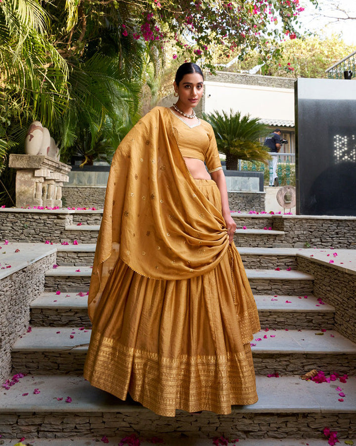 Mustard Color Pure Chanderi Plain Half Saree