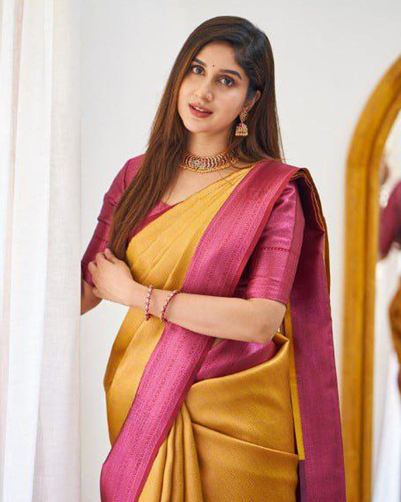 Mustard Yellow Soft Banarasi Silk Saree With Exclusive Jacquard Border