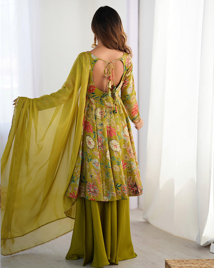 Mehndi Color Roman Silk Discharge Printed Plazzo Suit