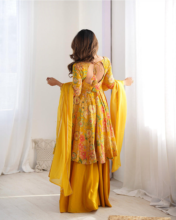 Mustard Color Roman Silk Discharge Printed Plazzo Suit