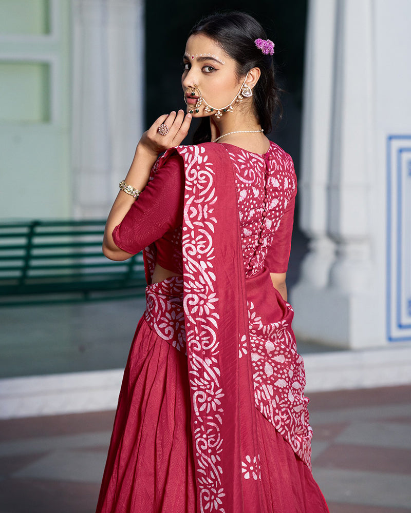 Red Color Lightweight Cotton Chanderi Lehenga Set