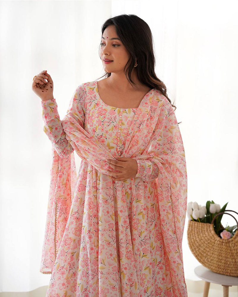 Multi Pink Color Chiffon Floral Print Three Piece Anarkali Suit