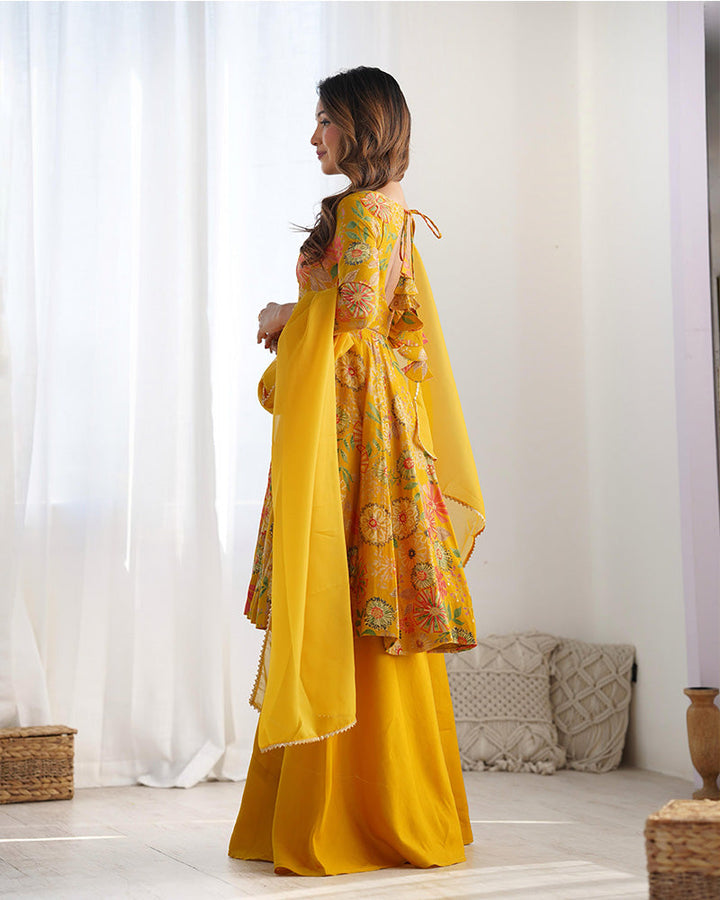 Mustard Color Roman Silk Discharge Printed Plazzo Suit