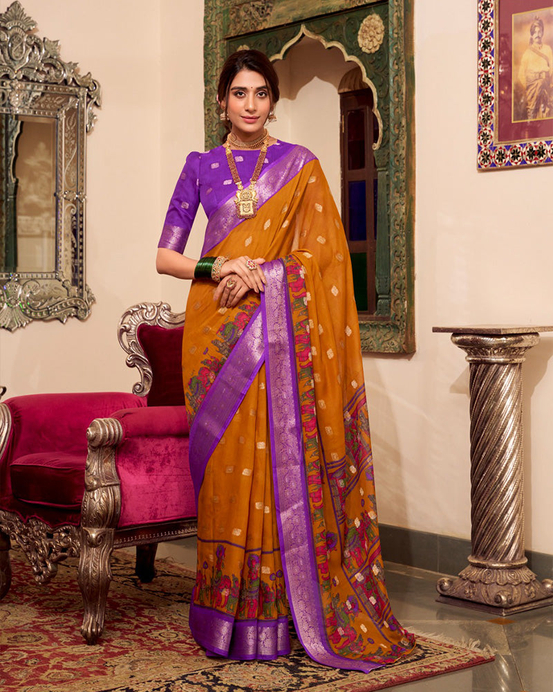Mustard Color Poly Cotton Kalamkari Print With Zari Work saree
