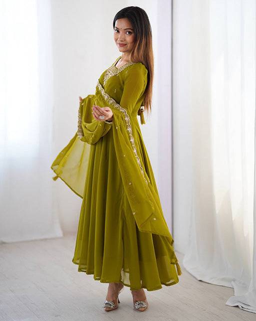 Mehndi Green Color Georgette Embroidered Three Piece Anarkali Suit