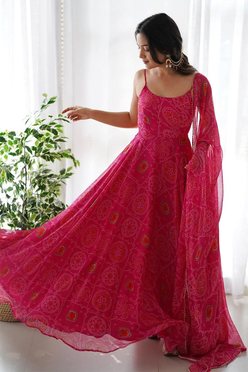 Floral Pink Color Soft Chiffon Anarkali Gown With Dupatta