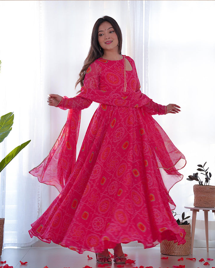 New Design Pink Color Soft Chiffon With designer Neck Anarkali Gown With Dupatta