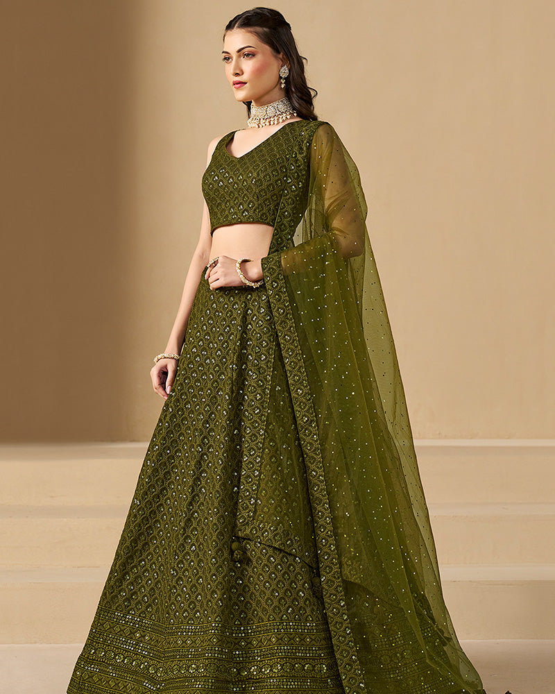 Mehndi Color Georgette Embroidered Lehenga Choli With Dupatta