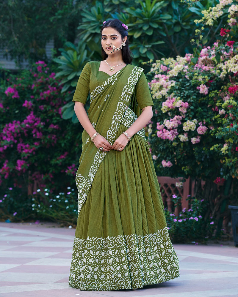 Green Color Lightweight Cotton Chanderi Lehenga Set