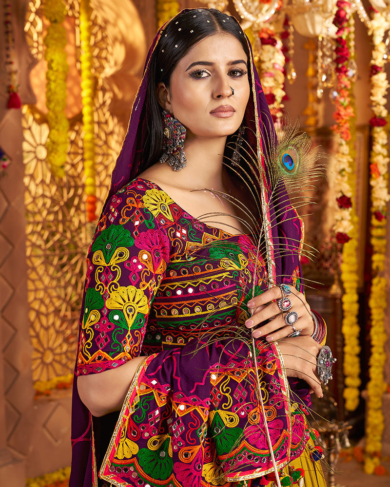 Traditional Mustard Multi Color Thread And Mirror Work Lehenga Choli