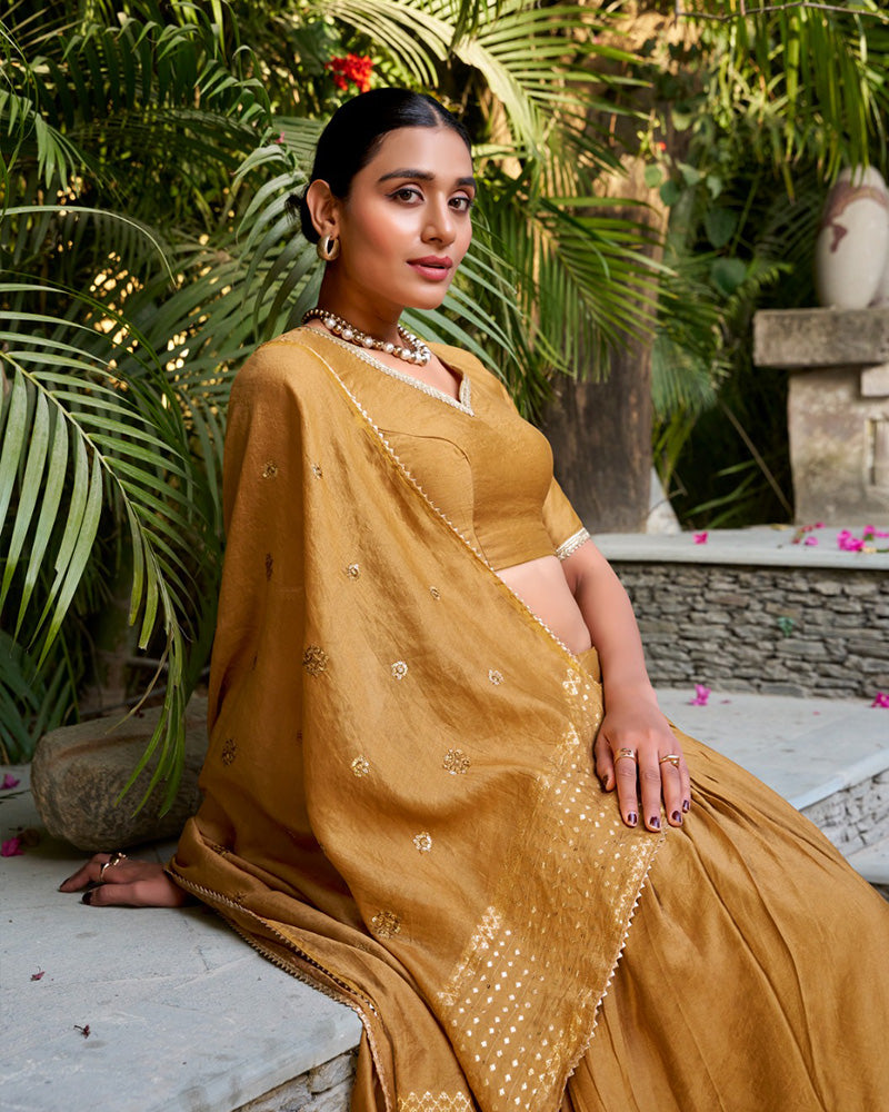 Mustard Color Pure Chanderi Plain Half Saree