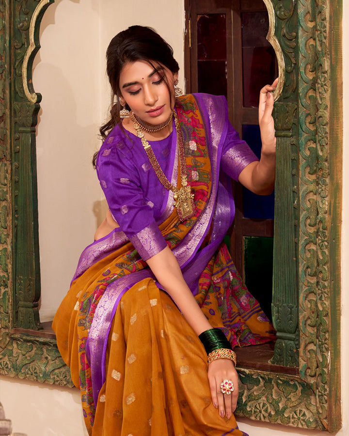 Mustard Color Poly Cotton Kalamkari Print With Zari Work saree