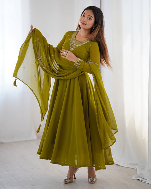 Mehndi Green Color Georgette Embroidered Three Piece Anarkali Suit