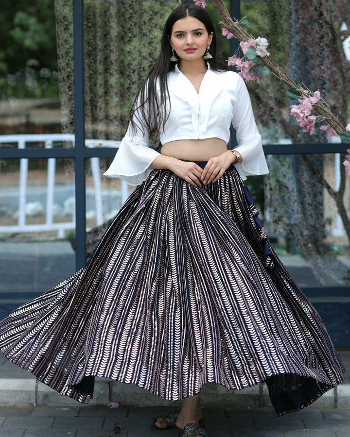 Black And White Designer Ready to Wear Crop Top Lehenga Choli
