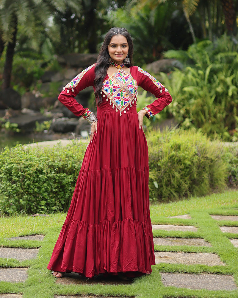 Maroon Color Rayon Gamthi Style Navratri Gown