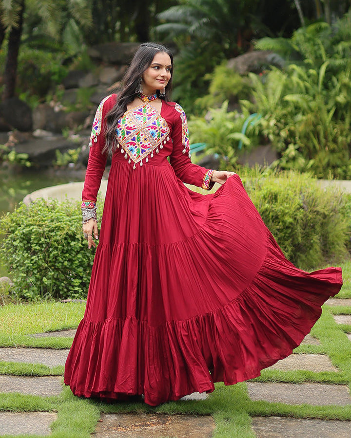 Maroon Color Rayon Gamthi Style Navratri Gown
