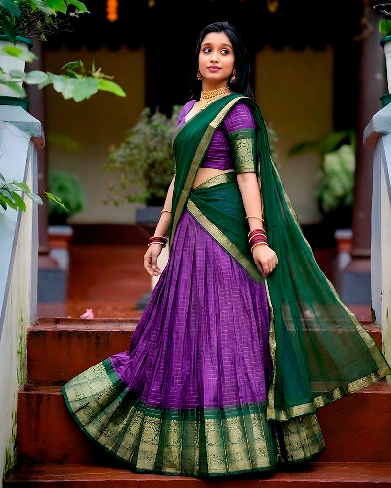 Purple Color Dola Chex Zari Weaving Half Saree