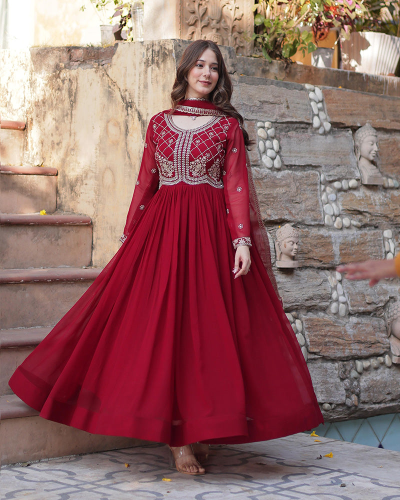 Maroon Color Faux Blooming Embroidered Gown With Dupatta