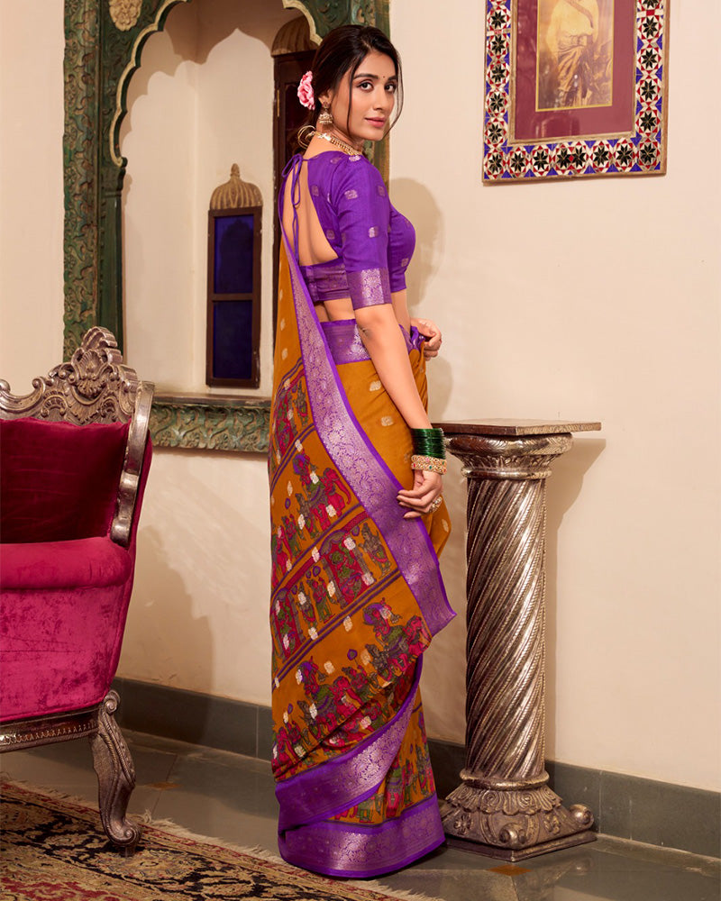 Mustard Color Poly Cotton Kalamkari Print With Zari Work saree