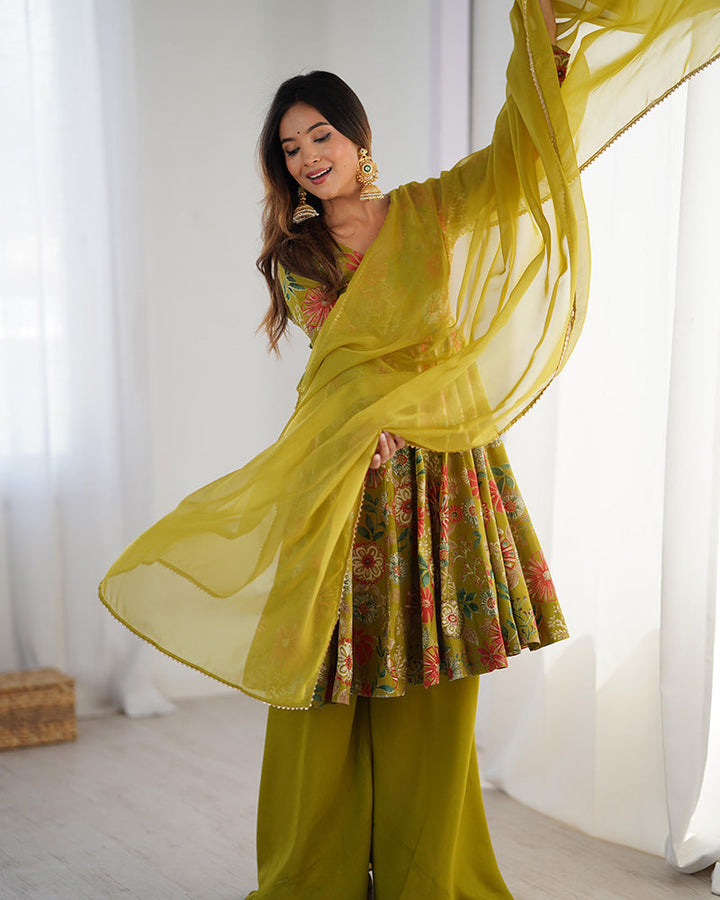 Mehndi Color Roman Silk Discharge Printed Plazzo Suit