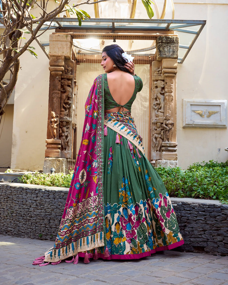 Mehndi Color Tussar Silk Kalamkari Printed Half Saree