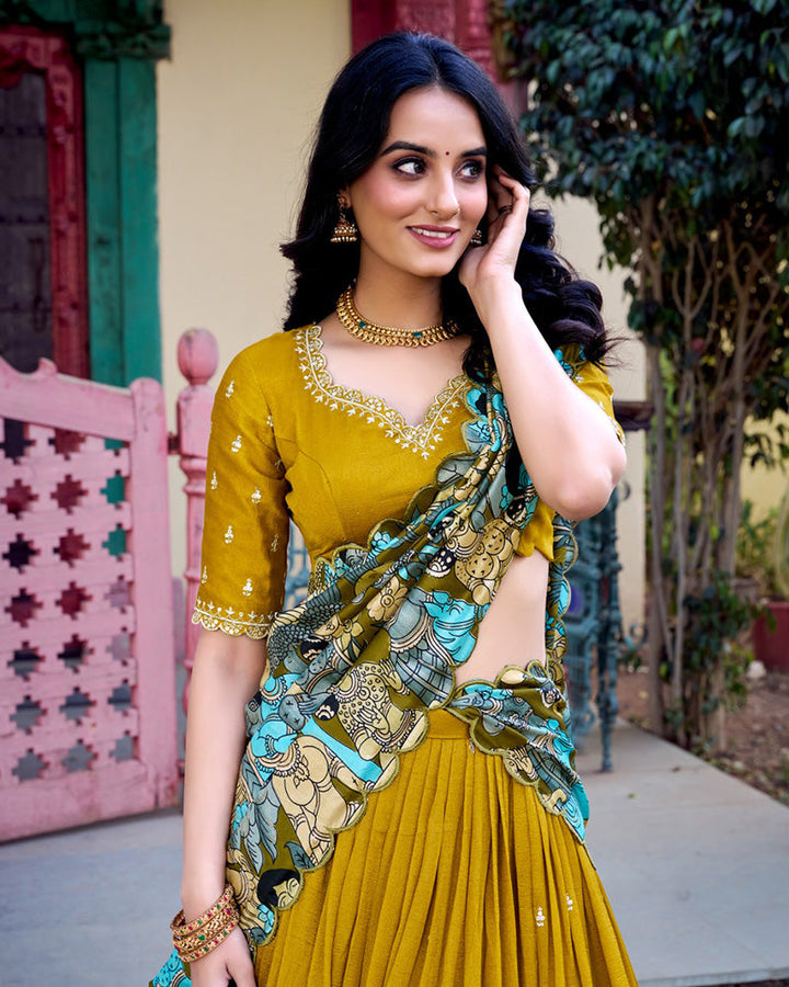 Mustard Color Vichitra Silk Embroidered Half Saree