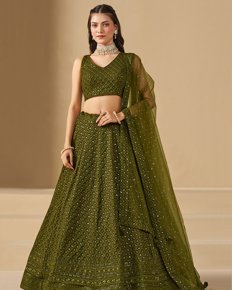 Mehndi Color Georgette Embroidered Lehenga Choli With Dupatta