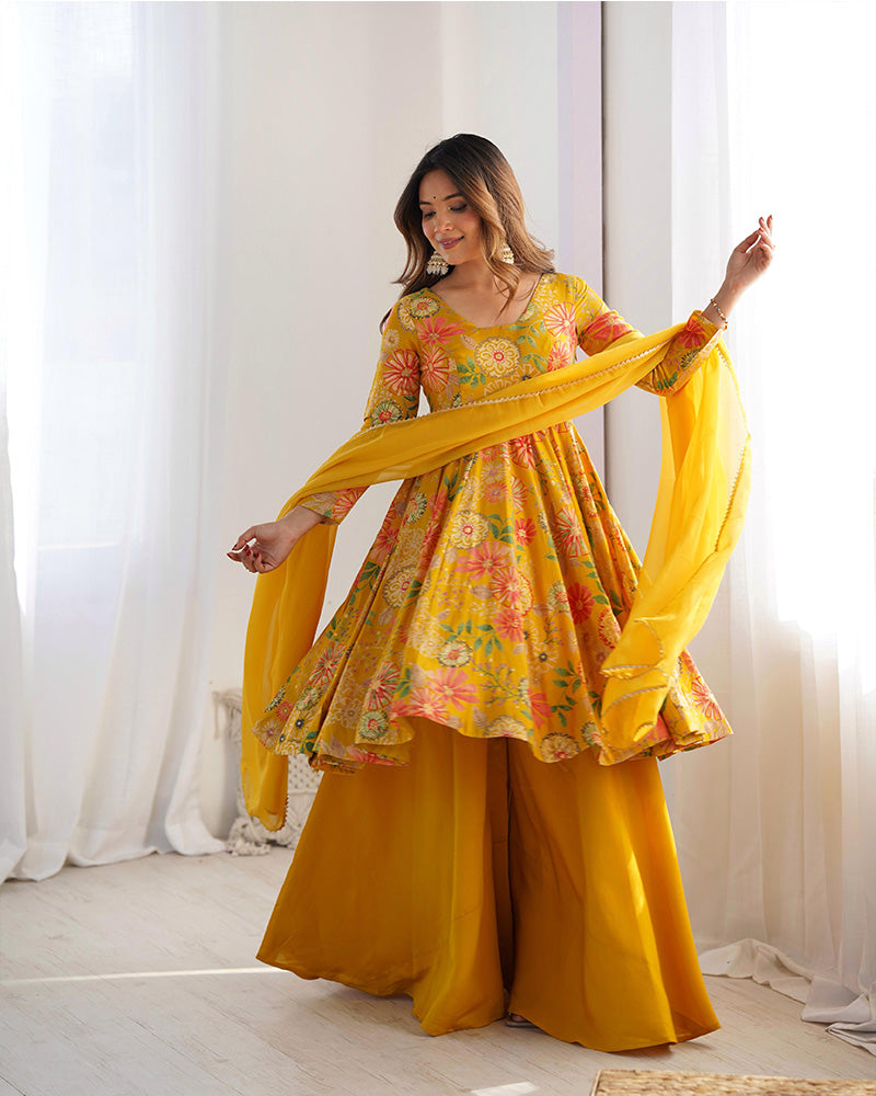 Mustard Color Roman Silk Discharge Printed Plazzo Suit