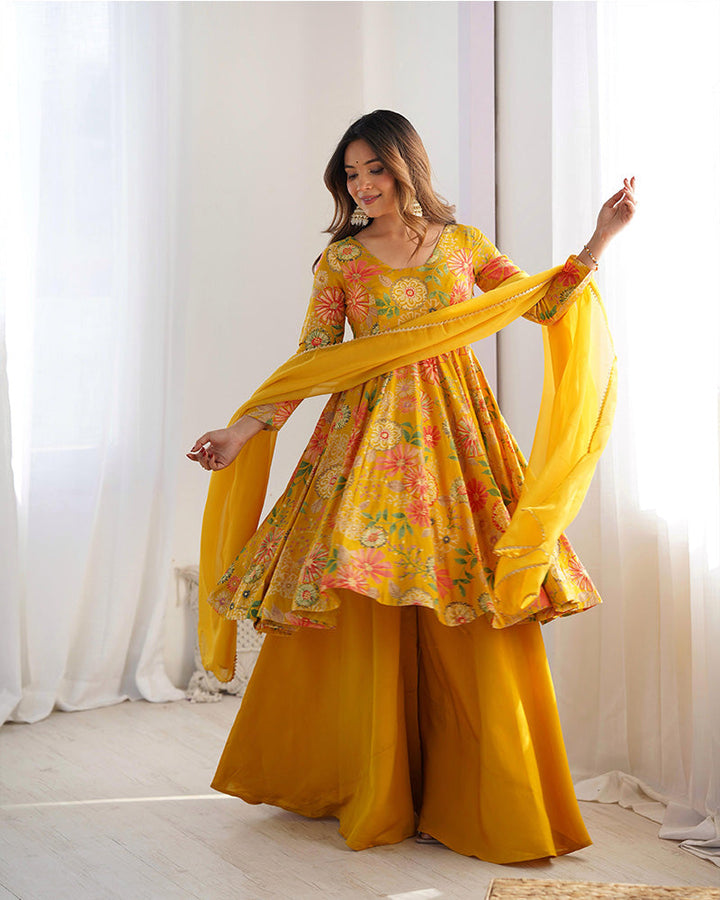 Mustard Color Roman Silk Discharge Printed Plazzo Suit