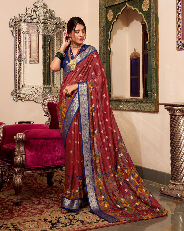 Maroon Color Poly Cotton Kalamkari Print With Zari Work saree