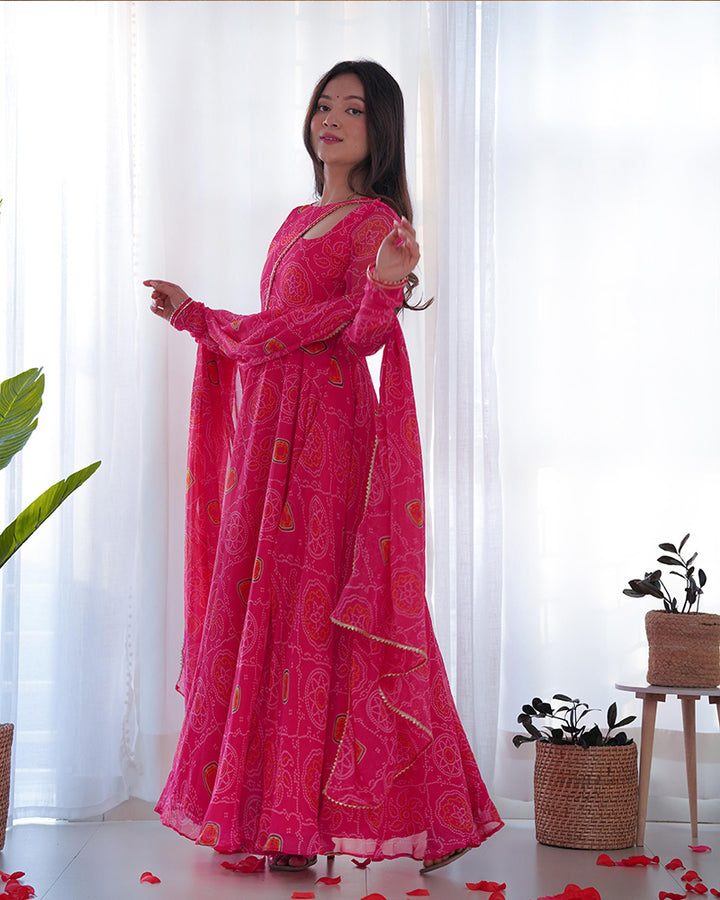 New Design Pink Color Soft Chiffon With designer Neck Anarkali Gown With Dupatta