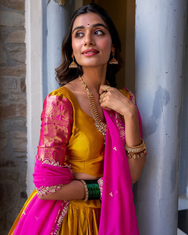 Mustard Color Narayan Pattu Silk Designer Half Saree