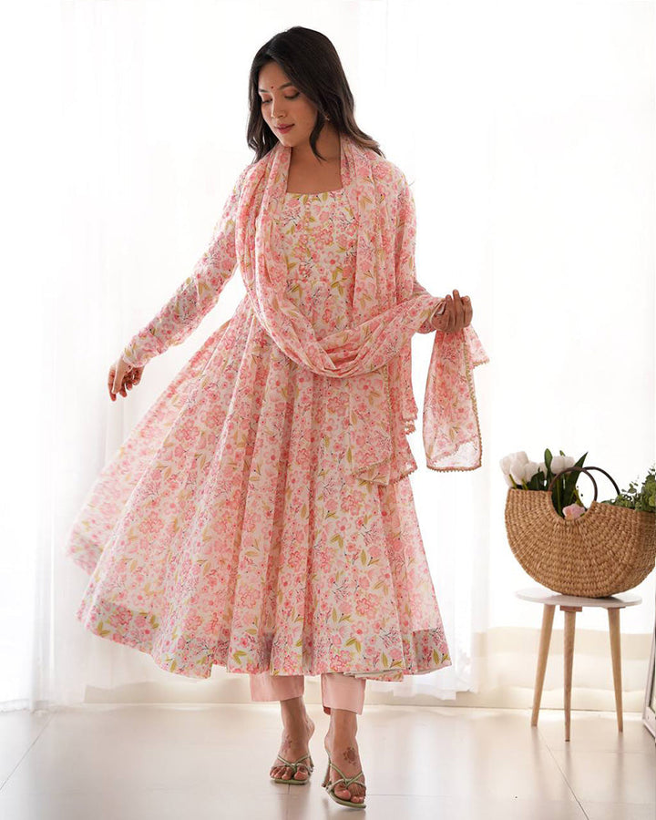 Multi Pink Color Chiffon Floral Print Three Piece Anarkali Suit