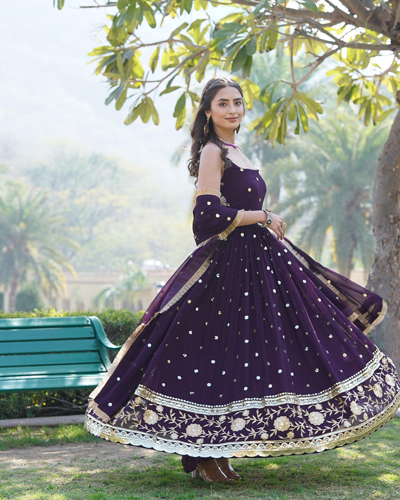 Designer Wine Color Blooming Sequence Embroidered work Gown