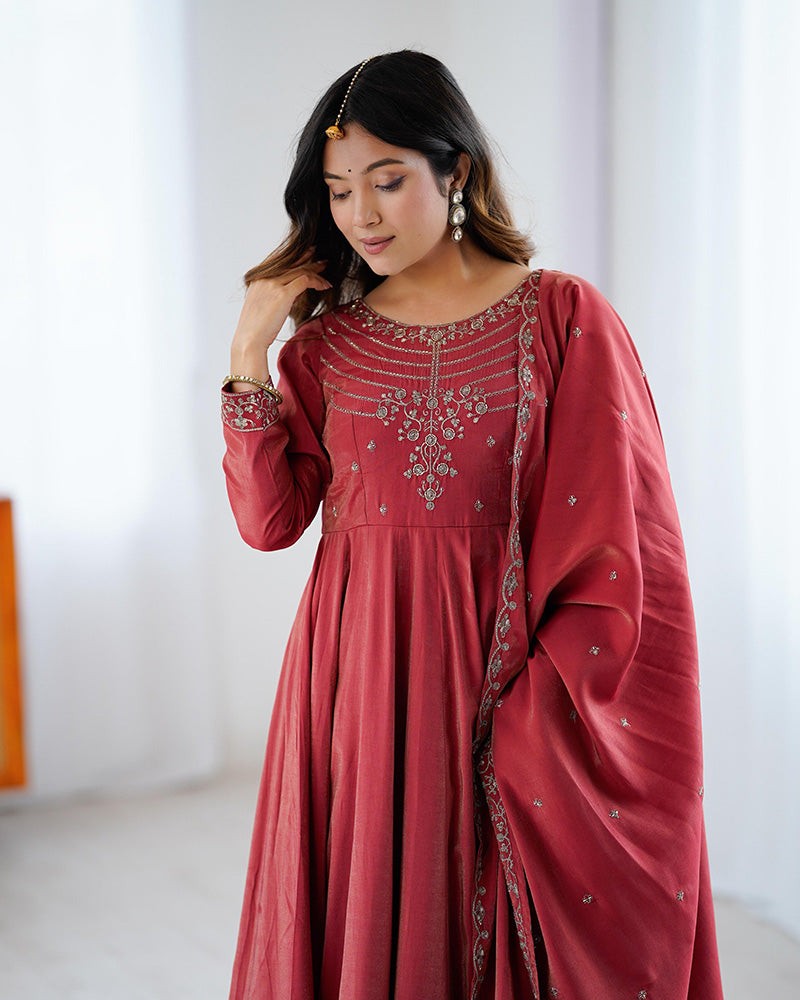Maroon Color Roman Shimmer Chanderi Silk Three Piece Anarkali Suit