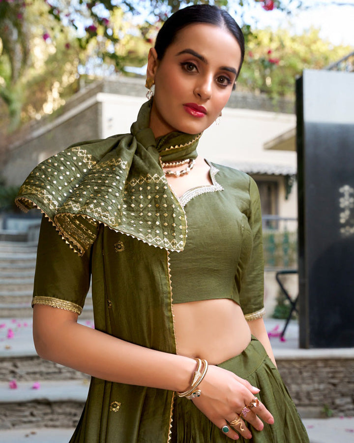 Mehndi Color Pure Chanderi Plain Navratri Half Saree