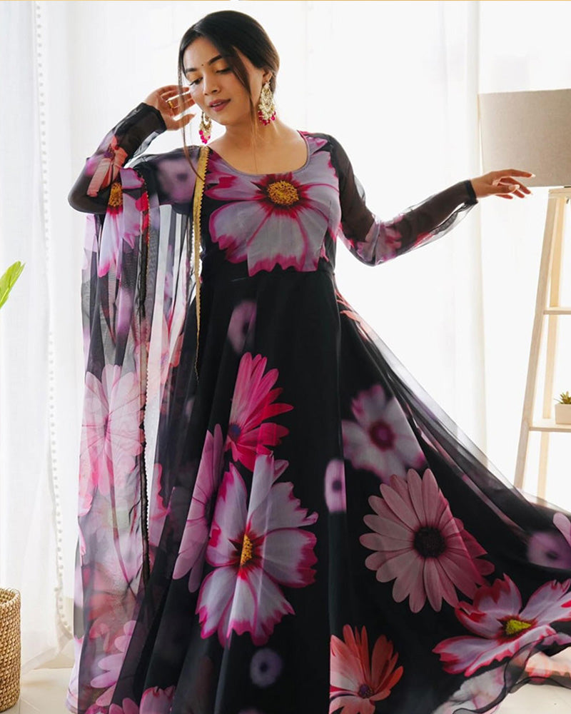 Floral Black Organza Tebby Silk Anarkali Gown With Dupatta