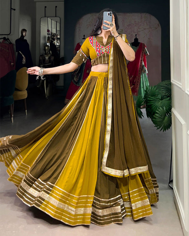 Mustard And Mehndi Color Rayon Navratri Lehenga Choli