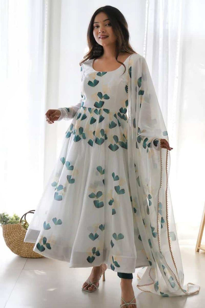White Color Amazing Print Organza Tabby Silk Anarkali Suit With Pent & Dupatta