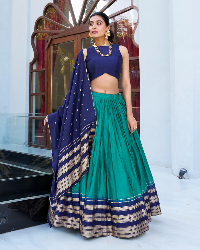 Firozi Color Pure Chanderi Plain Half Saree