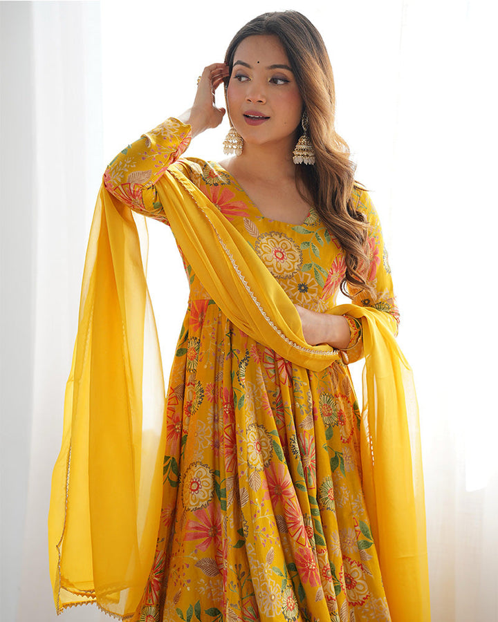 Mustard Color Roman Silk Discharge Printed Plazzo Suit