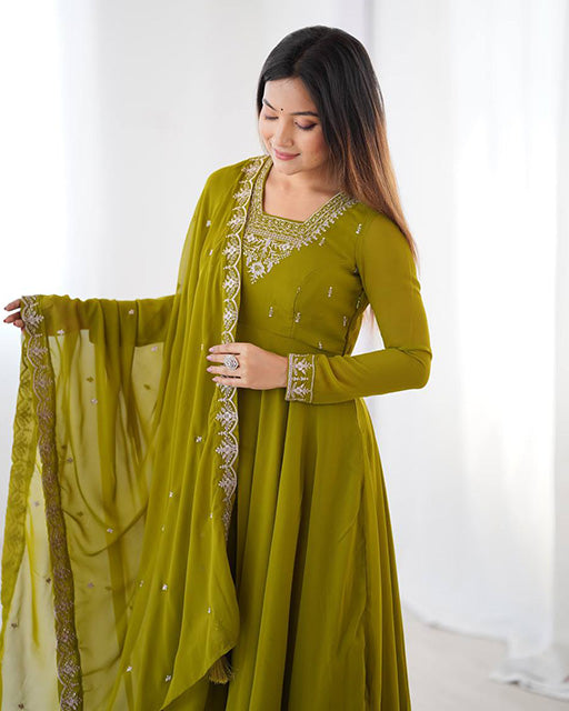 Mehndi Green Color Georgette Embroidered Three Piece Anarkali Suit
