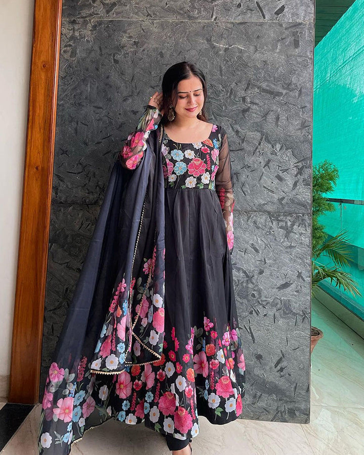 Mehak Qudora Black Floral Print Organza Three Piece Anarkali Suit