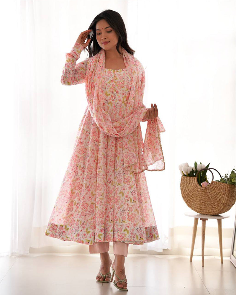 Multi Pink Color Chiffon Floral Print Three Piece Anarkali Suit