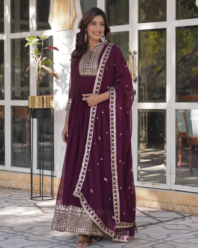 Wine Color Faux Blooming Rich Embroidered Work Gown